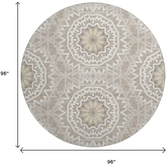 8' Taupe And Ivory Geometric Washable Round Rug With UV Protection Photo 8