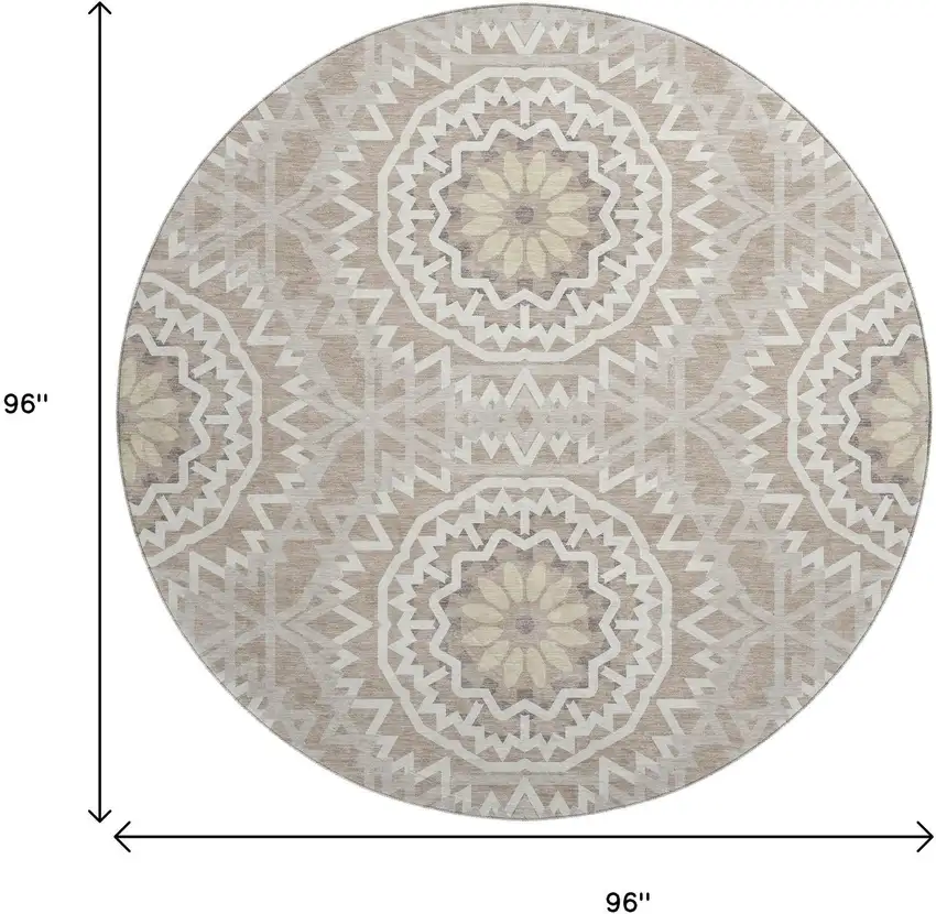 8' Taupe And Ivory Geometric Washable Round Rug With UV Protection Photo 8