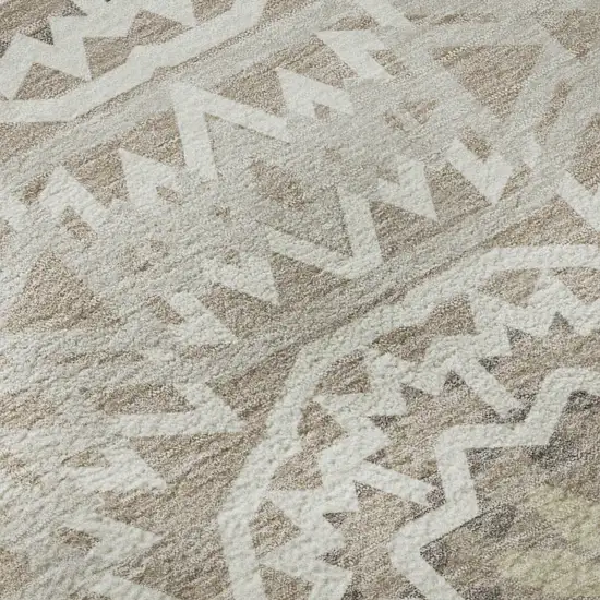 8' Taupe And Ivory Geometric Washable Round Rug With UV Protection Photo 7
