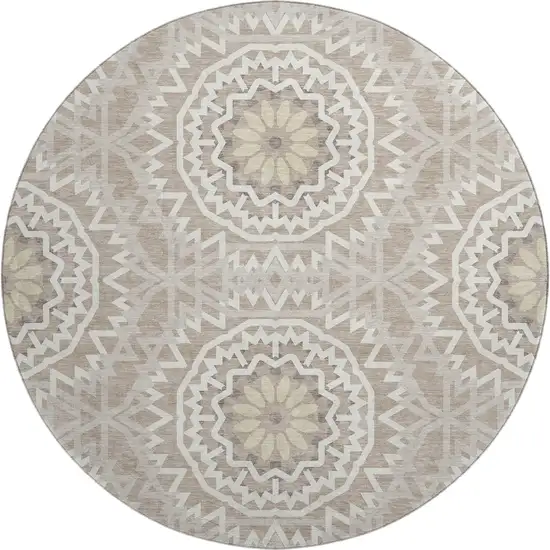 8' Taupe And Ivory Geometric Washable Round Rug With UV Protection Photo 1