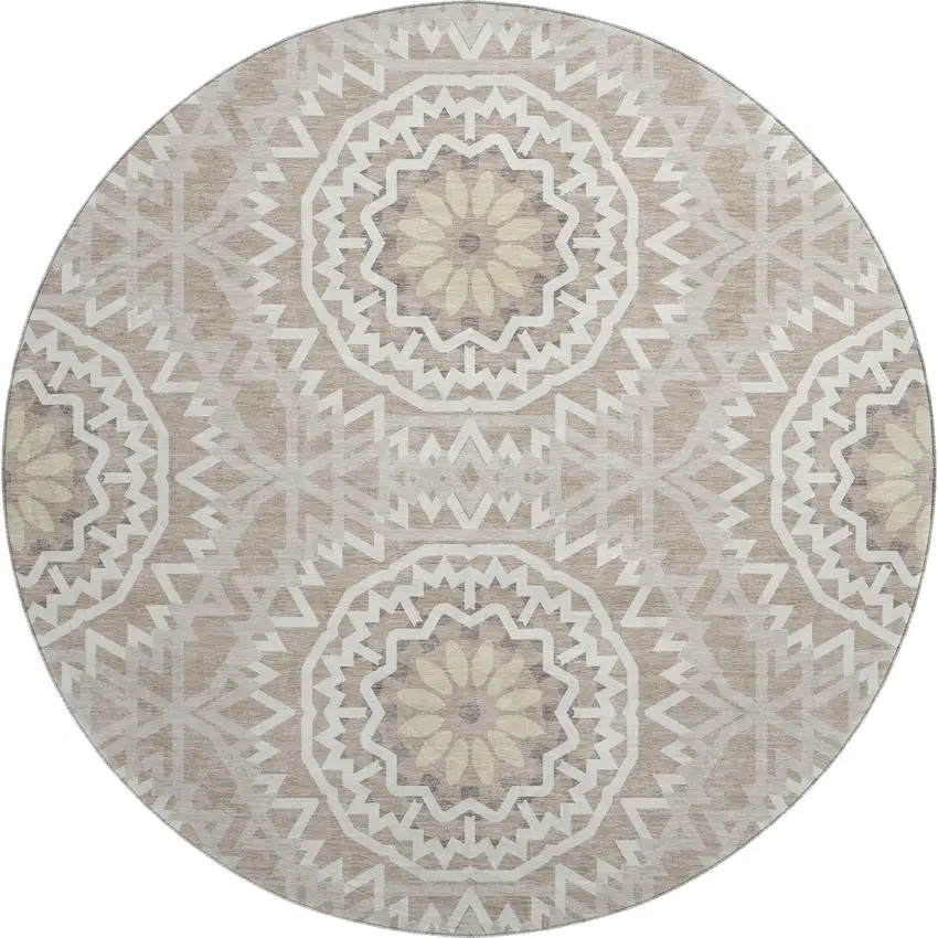 8' Taupe And Ivory Geometric Washable Round Rug With UV Protection Photo 1