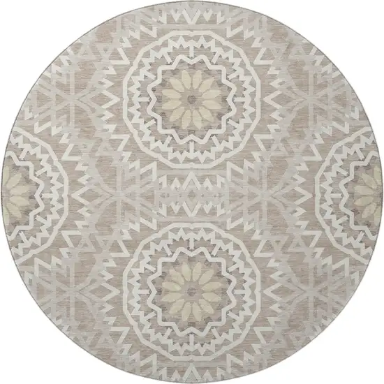 8' Taupe And Ivory Geometric Washable Round Rug With UV Protection Photo 2