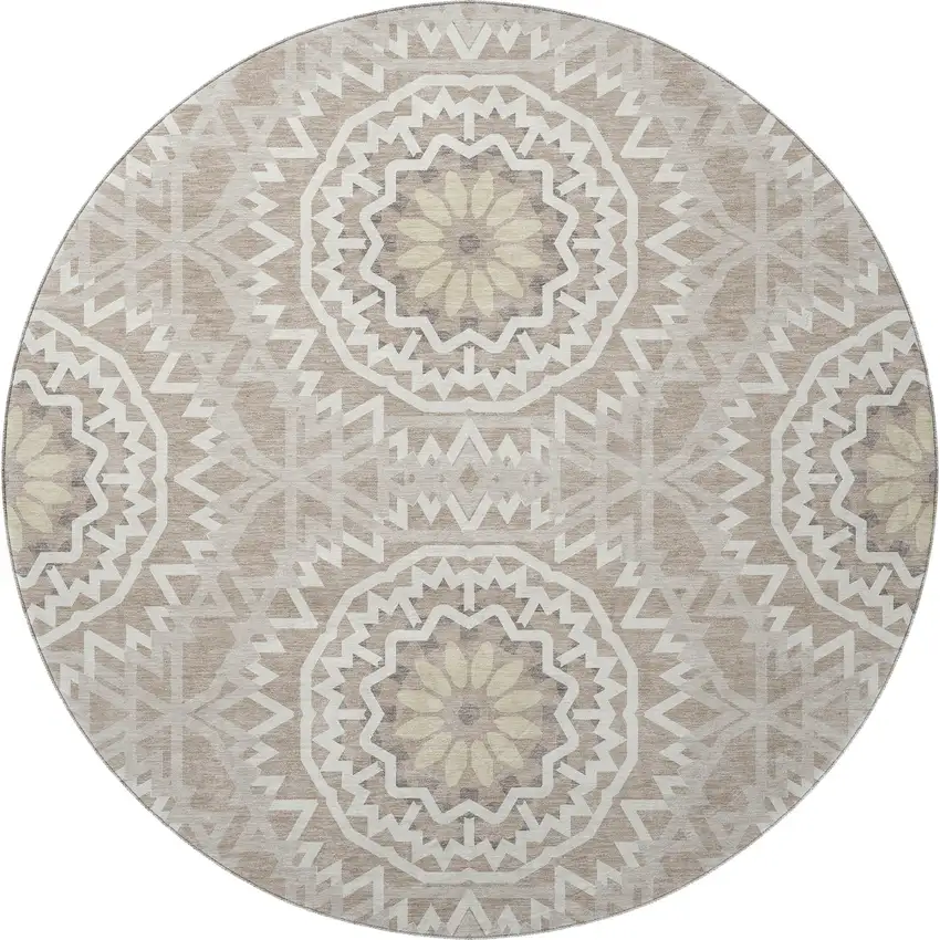 8' Taupe And Ivory Geometric Washable Round Rug With UV Protection Photo 2