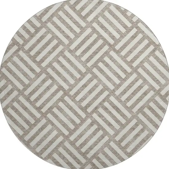 8' Taupe And Ivory Geometric Washable Round Rug With UV Protection Photo 4