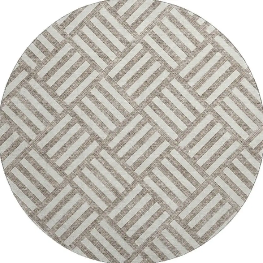 8' Taupe And Ivory Geometric Washable Round Rug With UV Protection Photo 4