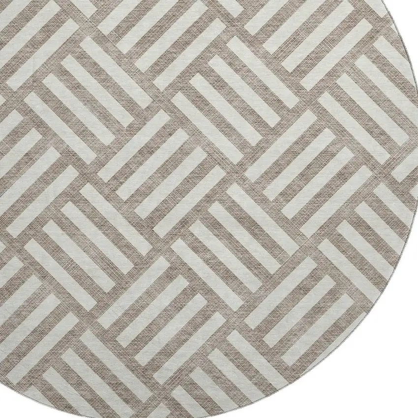 8' Taupe And Ivory Geometric Washable Round Rug With UV Protection Photo 3