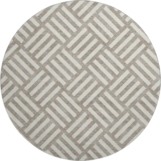 8' Taupe And Ivory Geometric Washable Round Rug With UV Protection Photo 1