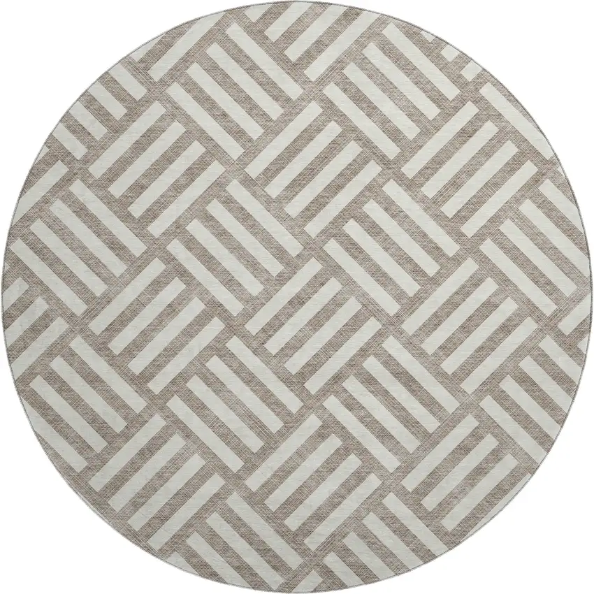 8' Taupe And Ivory Geometric Washable Round Rug With UV Protection Photo 1