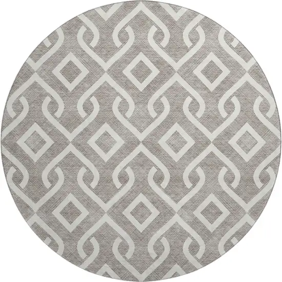8' Taupe And Ivory Geometric Washable Round Rug With UV Protection Photo 1