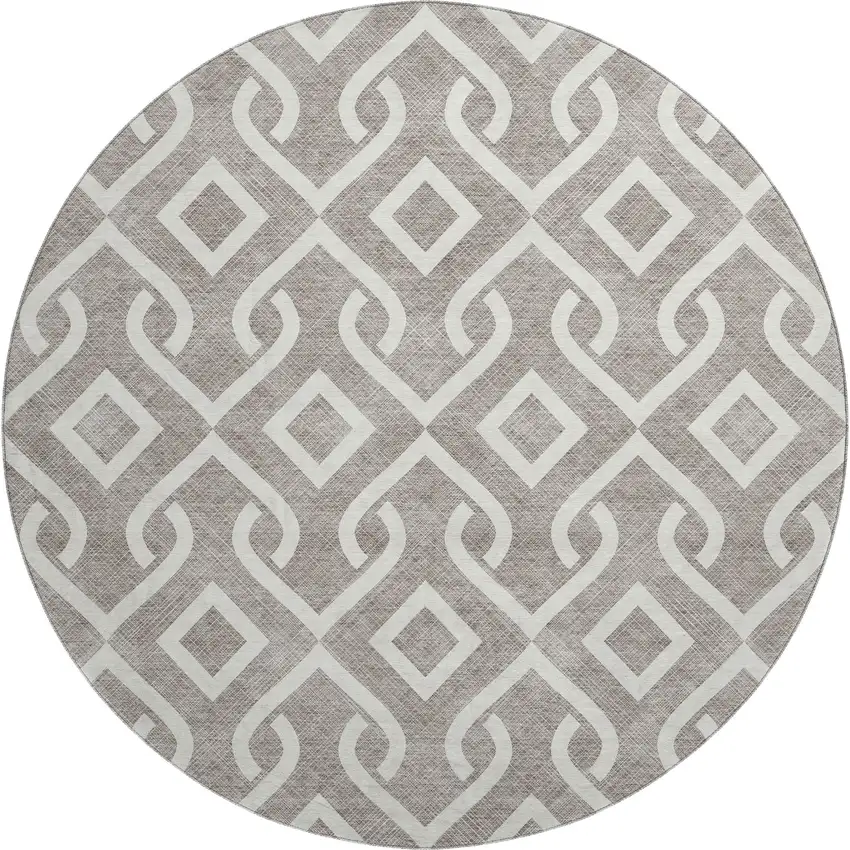 8' Taupe And Ivory Geometric Washable Round Rug With UV Protection Photo 1