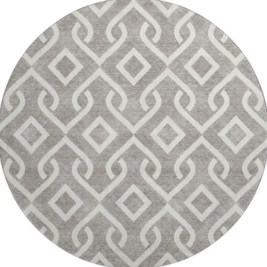 8' Taupe And Ivory Geometric Washable Round Rug With UV Protection Photo 3