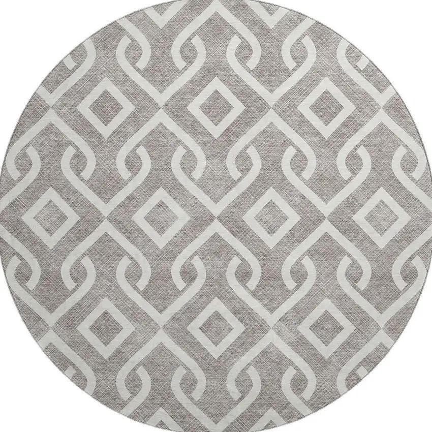 8' Taupe And Ivory Geometric Washable Round Rug With UV Protection Photo 3