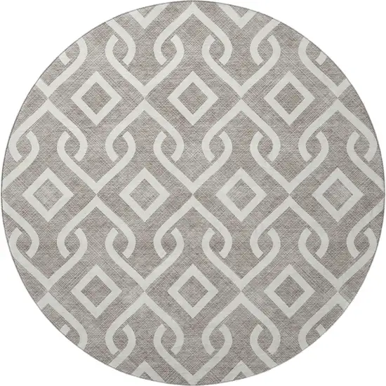 8' Taupe And Ivory Geometric Washable Round Rug With UV Protection Photo 4