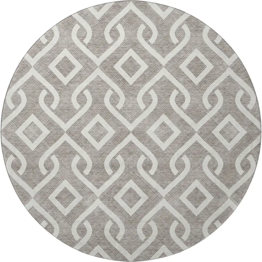 8' Taupe And Ivory Geometric Washable Round Rug With UV Protection Photo 4