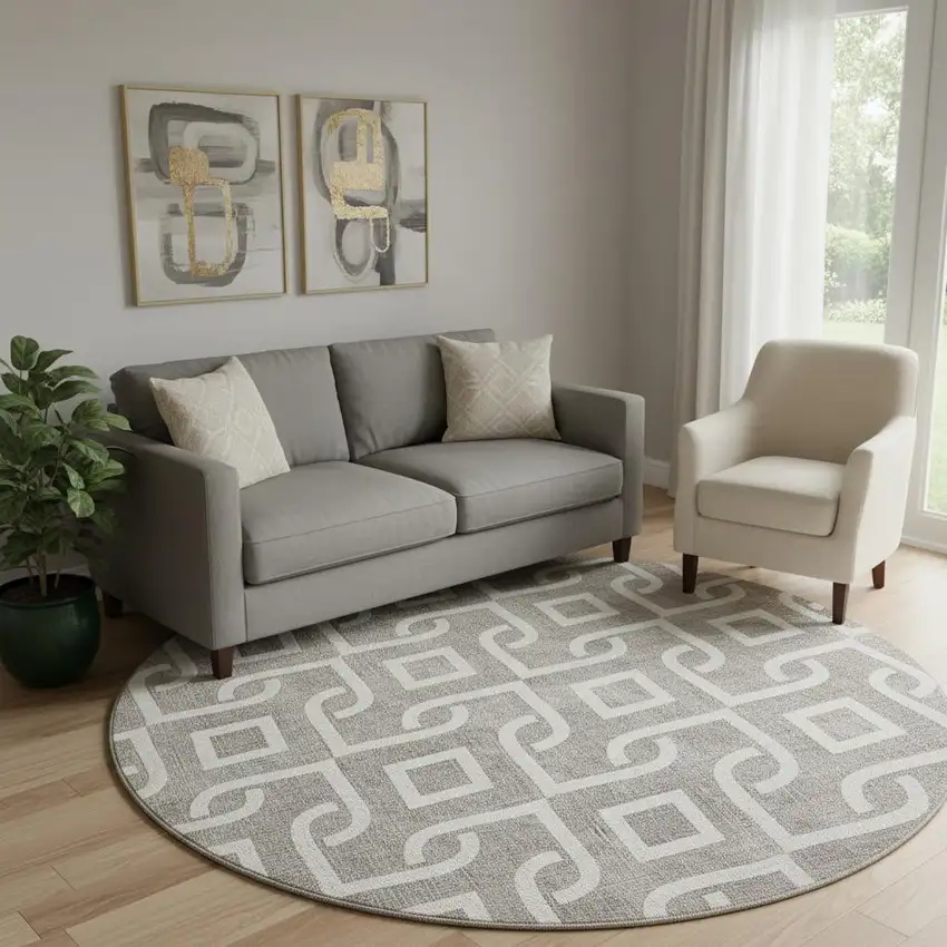8' Taupe And Ivory Geometric Washable Round Rug With UV Protection Photo 1