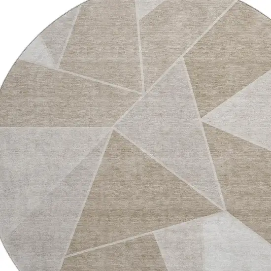 8' Taupe And Ivory Geometric Washable Round Rug With UV Protection Photo 2