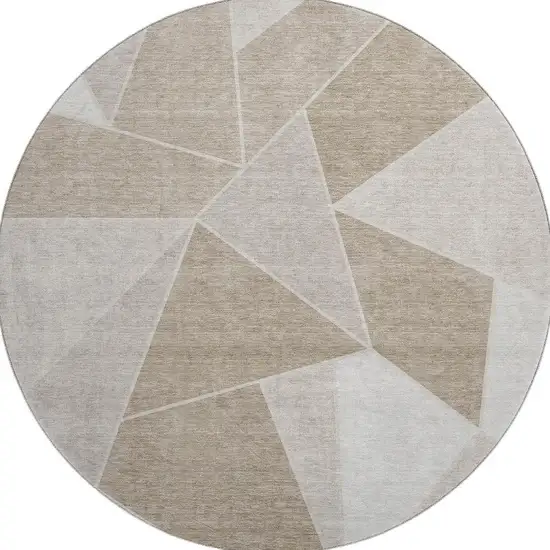 8' Taupe And Ivory Geometric Washable Round Rug With UV Protection Photo 3