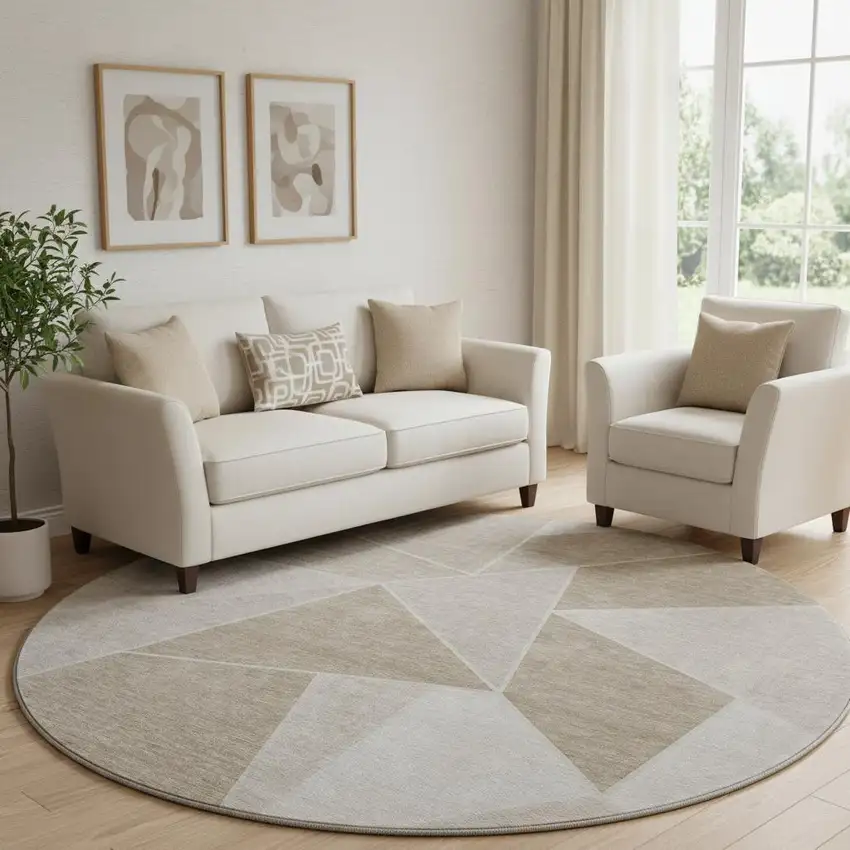 8' Taupe And Ivory Geometric Washable Round Rug With UV Protection Photo 1
