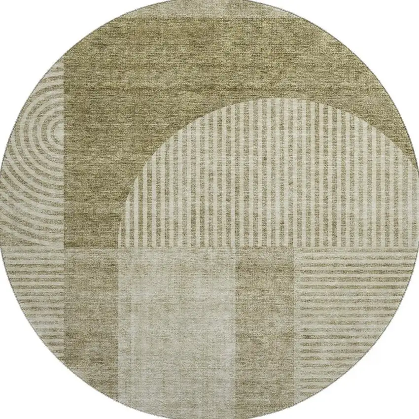 8' Taupe And Ivory Geometric Washable Round Rug With UV Protection Photo 2