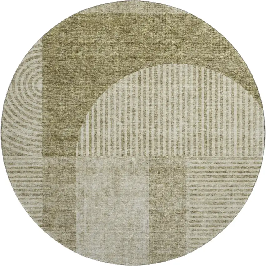 8' Taupe And Ivory Geometric Washable Round Rug With UV Protection Photo 1