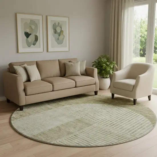 8' Taupe And Ivory Geometric Washable Round Rug With UV Protection Photo 1