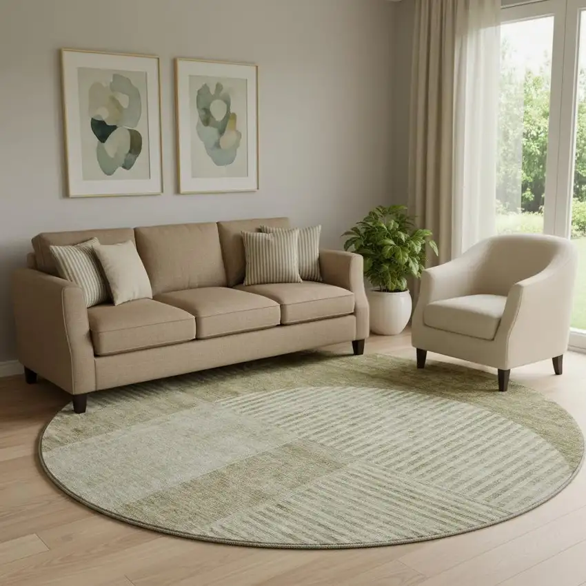8' Taupe And Ivory Geometric Washable Round Rug With UV Protection Photo 1