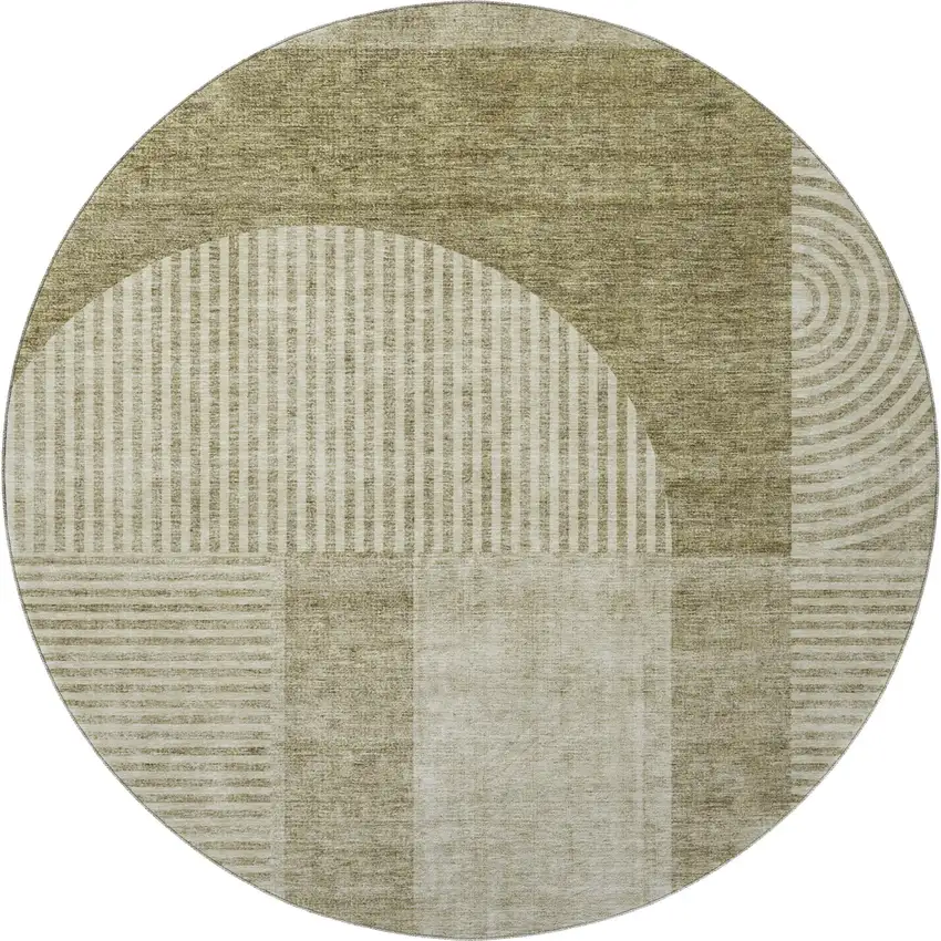 8' Taupe And Ivory Geometric Washable Round Rug With UV Protection Photo 3