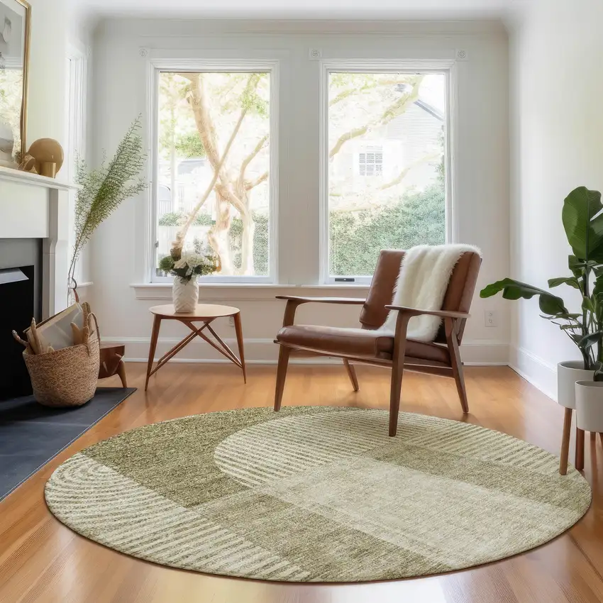 8' Taupe And Ivory Geometric Washable Round Rug With UV Protection Photo 4