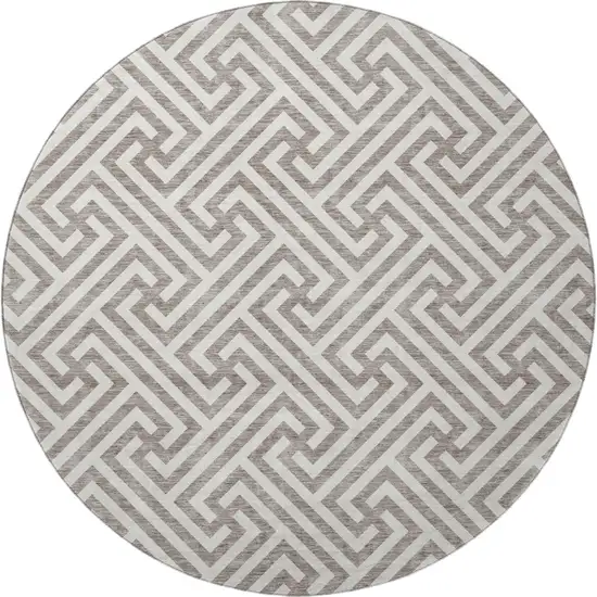 8' Taupe And Ivory Geometric Washable Round Rug With UV Protection Photo 4