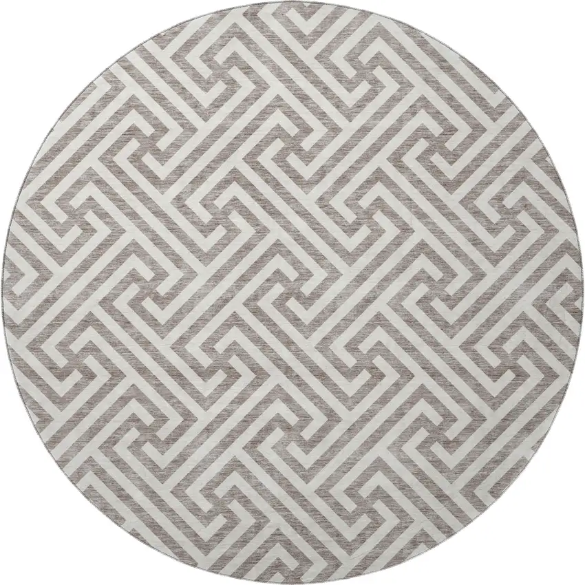 8' Taupe And Ivory Geometric Washable Round Rug With UV Protection Photo 4