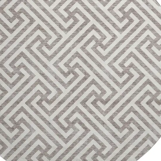 8' Taupe And Ivory Geometric Washable Round Rug With UV Protection Photo 3