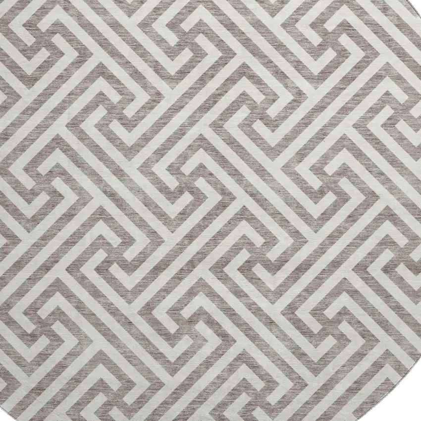 8' Taupe And Ivory Geometric Washable Round Rug With UV Protection Photo 3