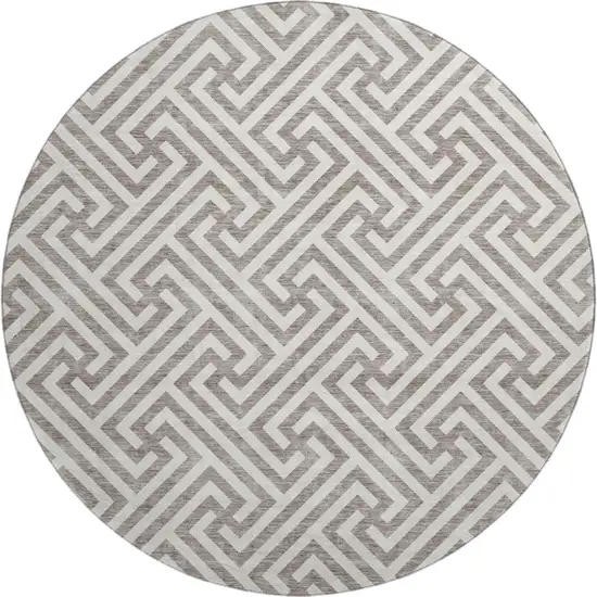 8' Taupe And Ivory Geometric Washable Round Rug With UV Protection Photo 1