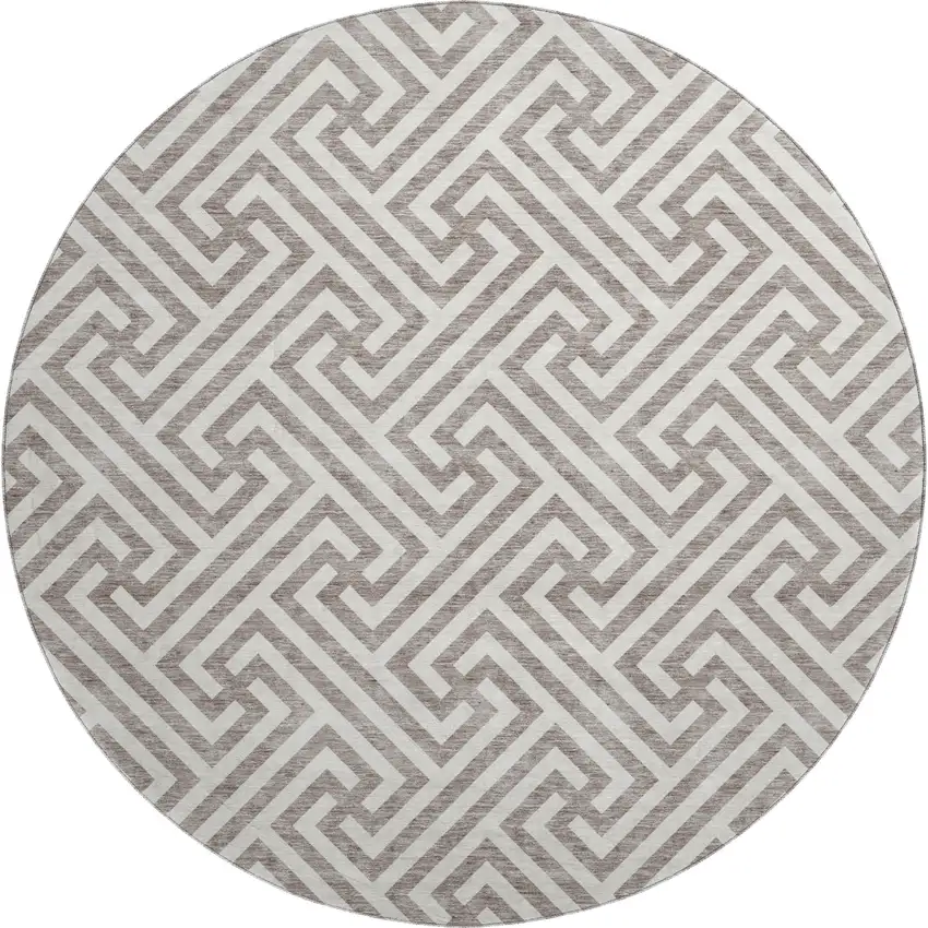 8' Taupe And Ivory Geometric Washable Round Rug With UV Protection Photo 1
