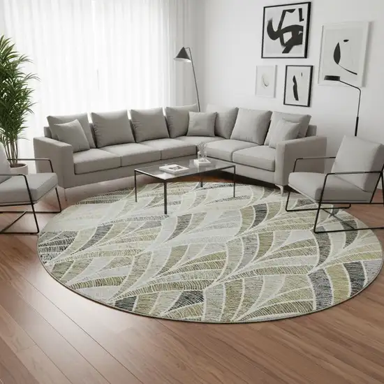 8' Taupe And Ivory Geometric Washable Round Rug With UV Protection Photo 2