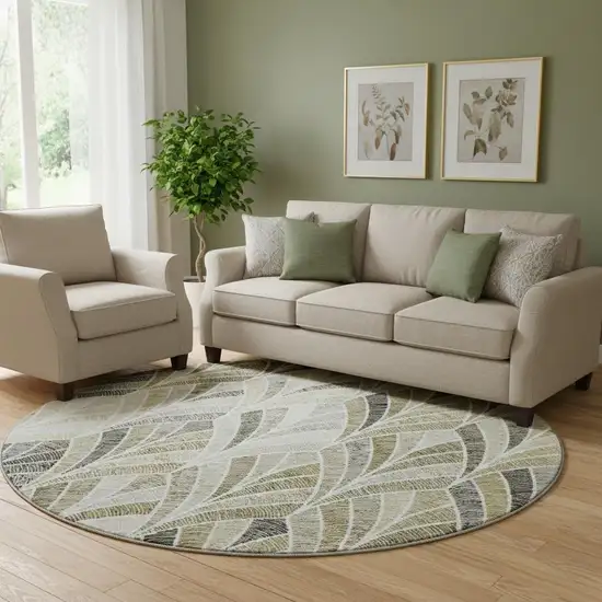 8' Taupe And Ivory Geometric Washable Round Rug With UV Protection Photo 1