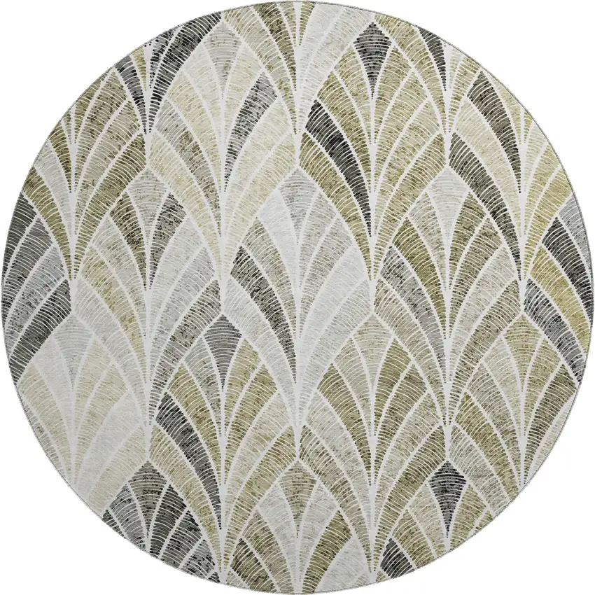 8' Taupe And Ivory Geometric Washable Round Rug With UV Protection Photo 1