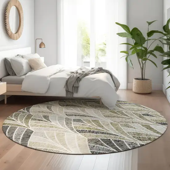 8' Taupe And Ivory Geometric Washable Round Rug With UV Protection Photo 5