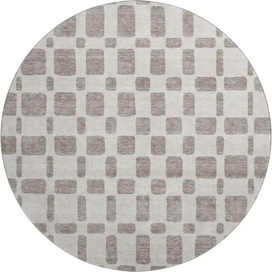 8' Taupe And Ivory Geometric Washable Round Rug With UV Protection Photo 1