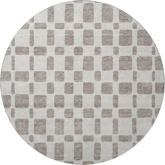 8' Taupe And Ivory Geometric Washable Round Rug With UV Protection Photo 4