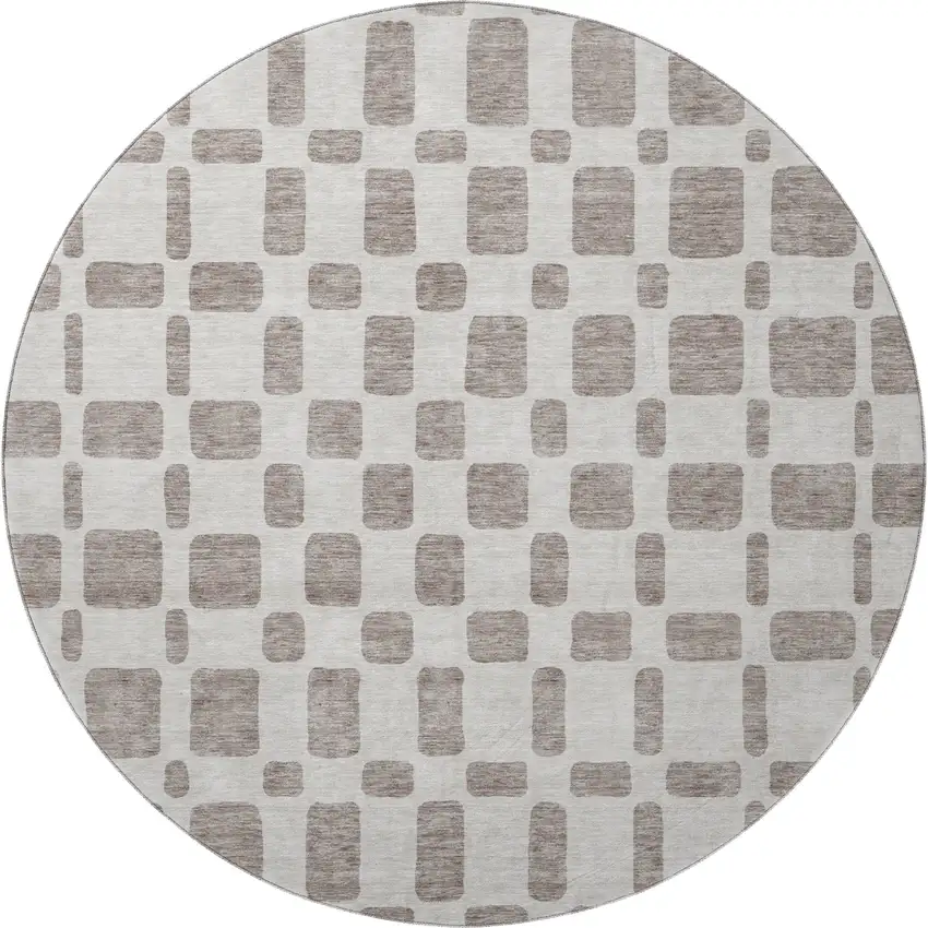 8' Taupe And Ivory Geometric Washable Round Rug With UV Protection Photo 4