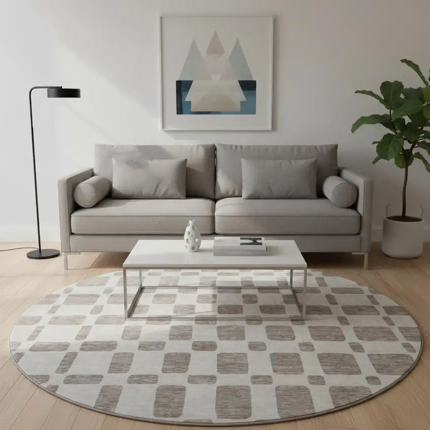 8' Taupe And Ivory Geometric Washable Round Rug With UV Protection Photo 2