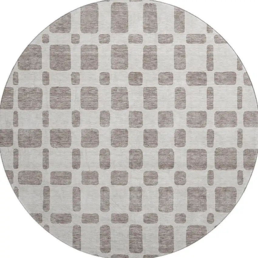 8' Taupe And Ivory Geometric Washable Round Rug With UV Protection Photo 3