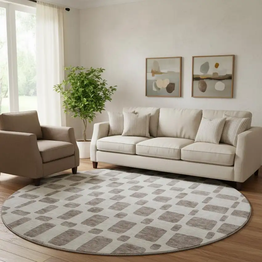 8' Taupe And Ivory Geometric Washable Round Rug With UV Protection Photo 1