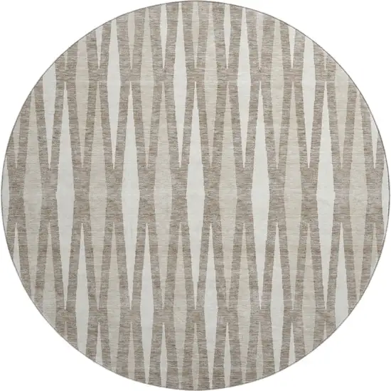 8' Taupe And Ivory Geometric Washable Round Rug With UV Protection Photo 1