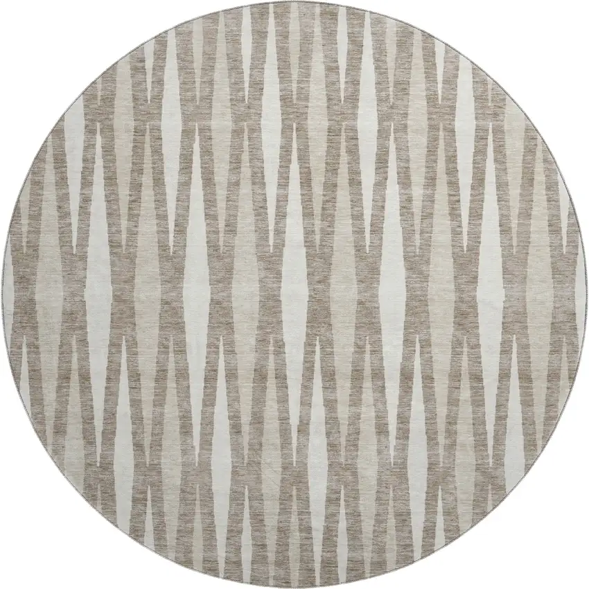 8' Taupe And Ivory Geometric Washable Round Rug With UV Protection Photo 1