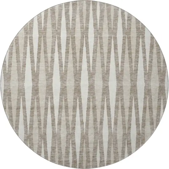 8' Taupe And Ivory Geometric Washable Round Rug With UV Protection Photo 4