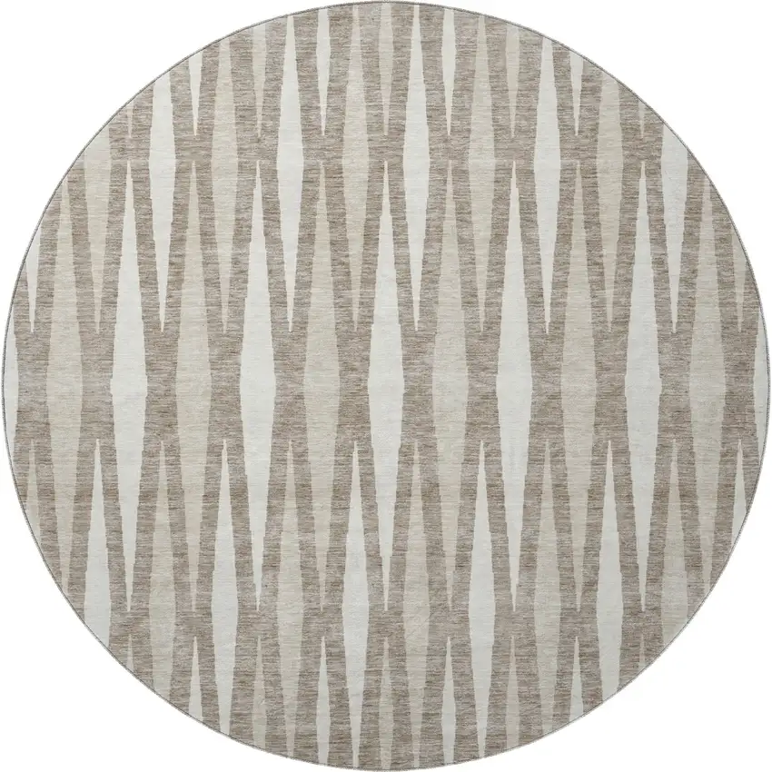8' Taupe And Ivory Geometric Washable Round Rug With UV Protection Photo 4