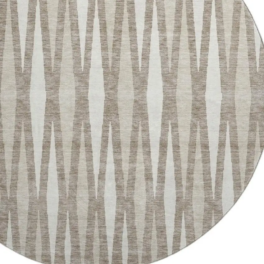 8' Taupe And Ivory Geometric Washable Round Rug With UV Protection Photo 3