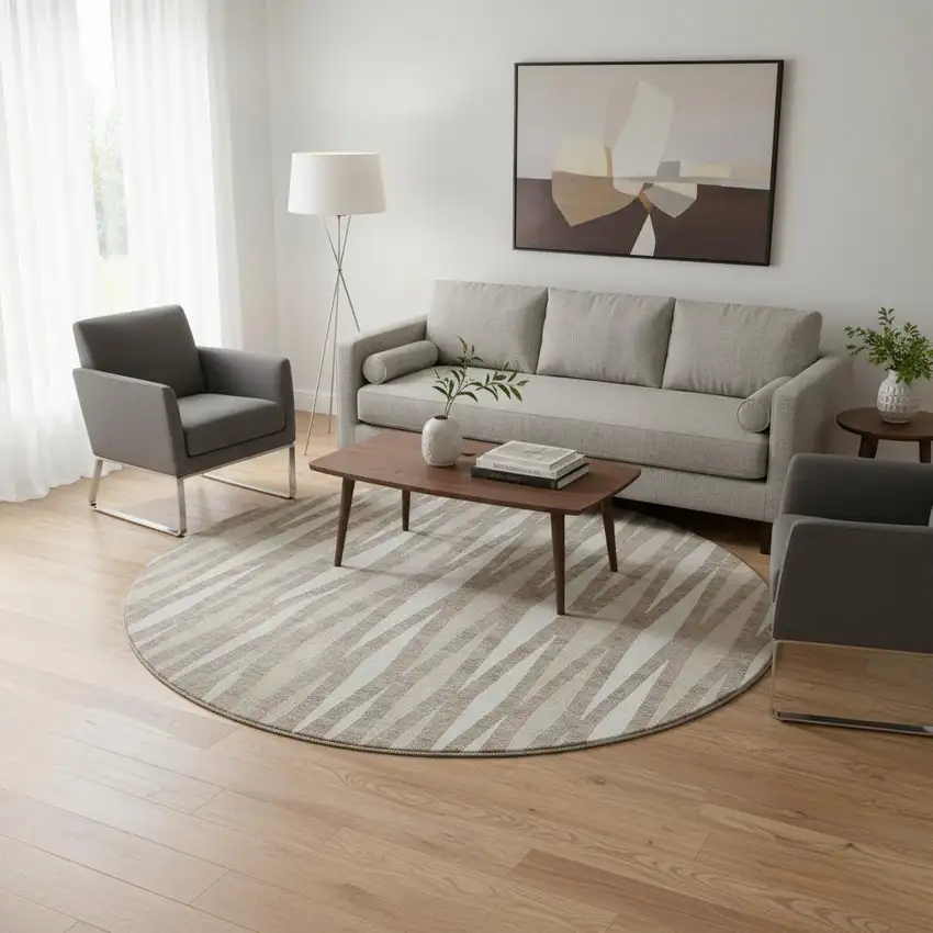 8' Taupe And Ivory Geometric Washable Round Rug With UV Protection Photo 2